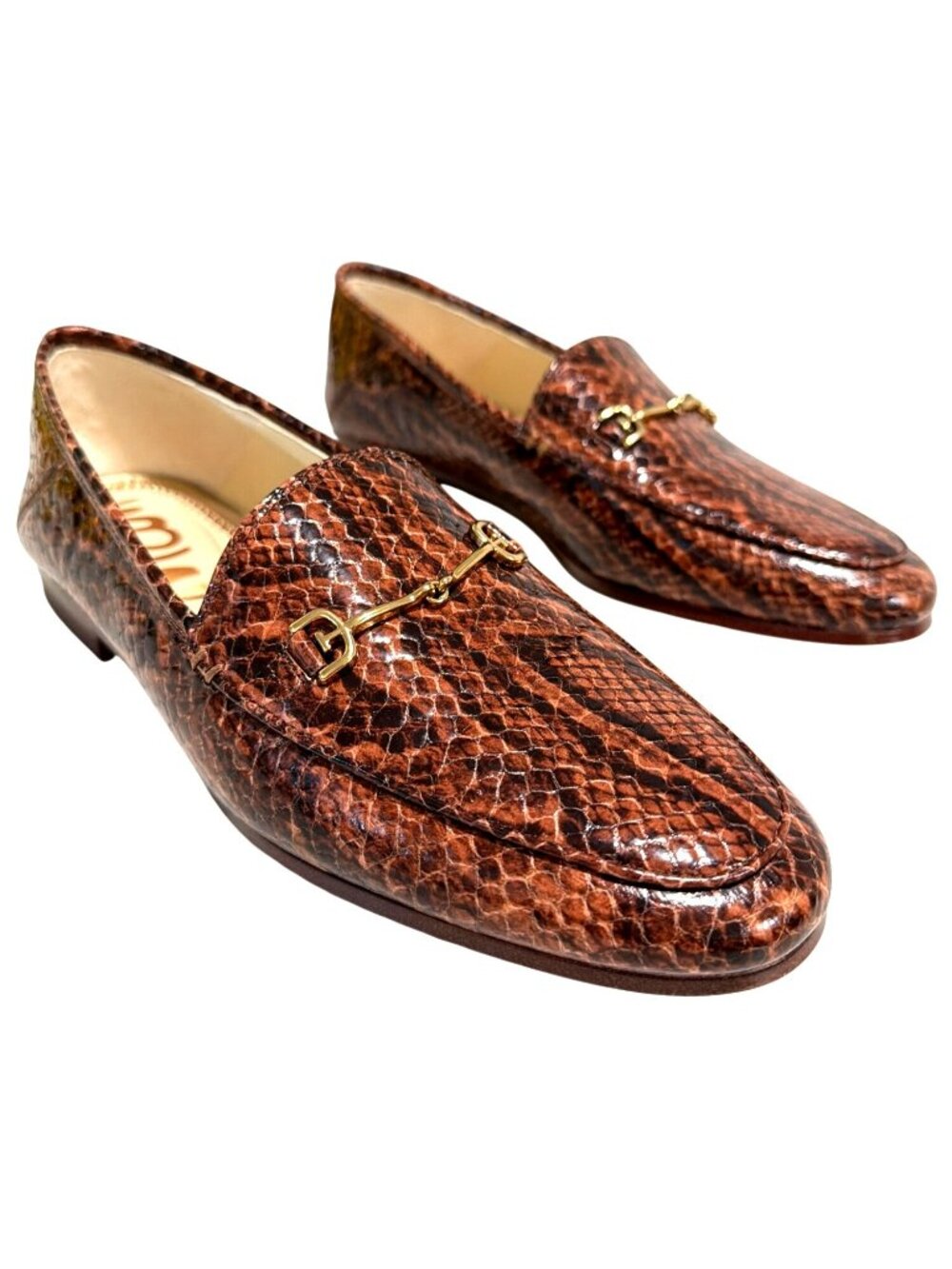 New Sam Edelman Loraine Snake Print Leather Loafers Gold Bit Brown 7.5